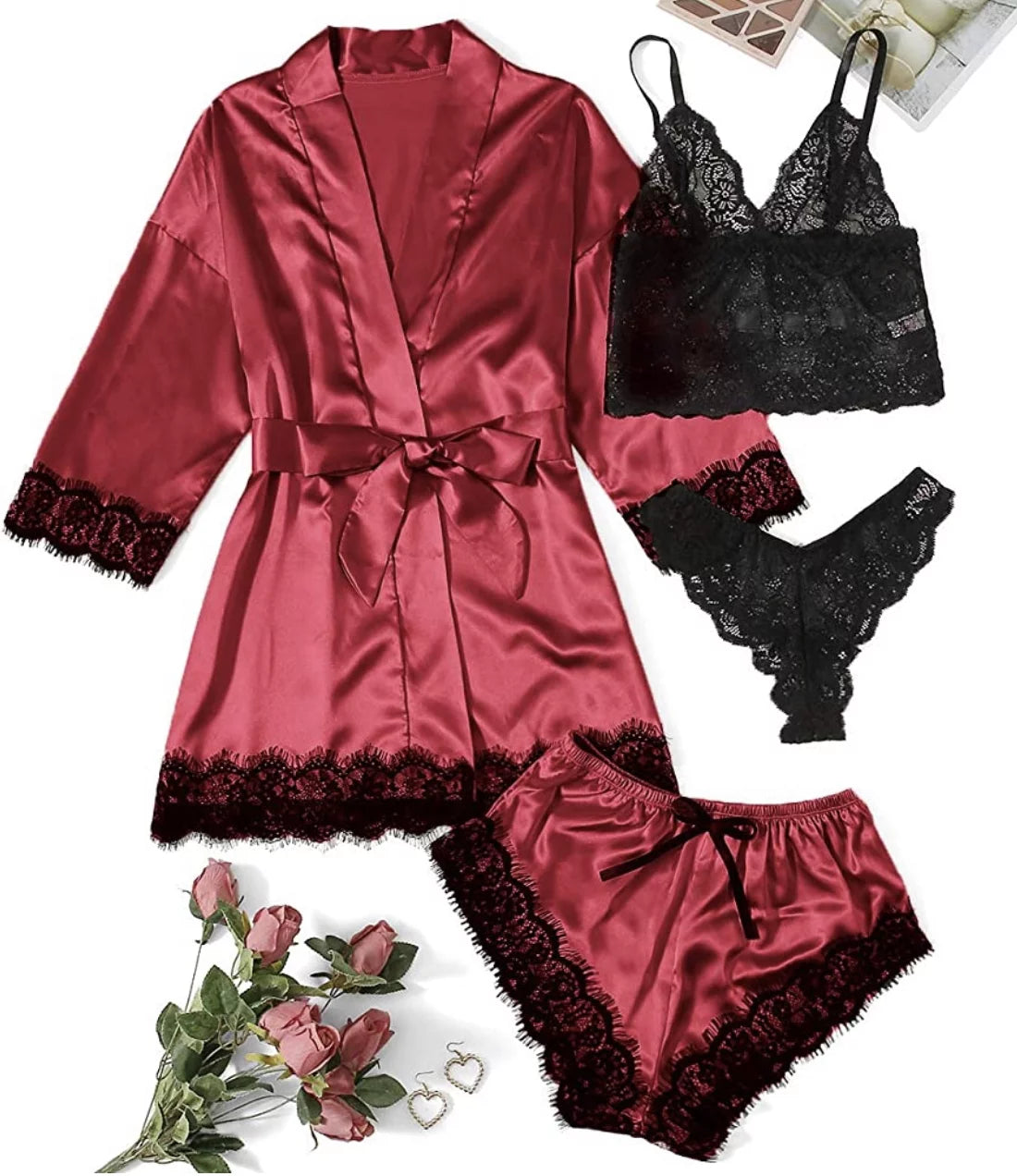 Sexy Lingerie,  Silk Satin Pajamas for Women, Womens Summer Pajamas Pjs Sets of 4 Pcs with Floral Lace Top Shorts and Robe, Gift for Women